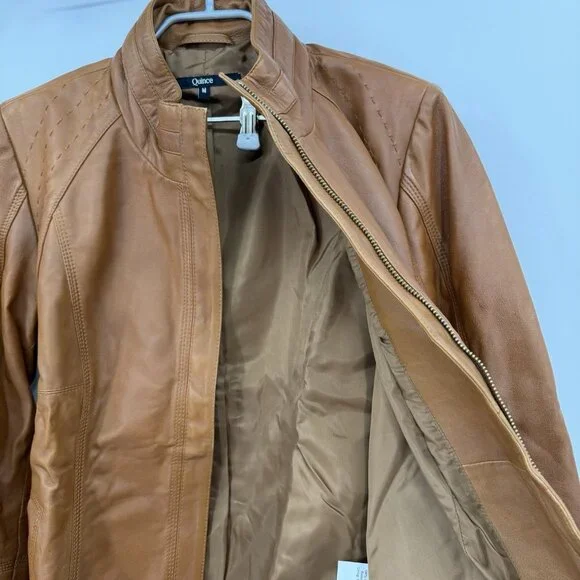 Quince 100% Leather Stand-Collar Jacket size M Women's in Cognac Brown Full Zip - Picture 15 of 16